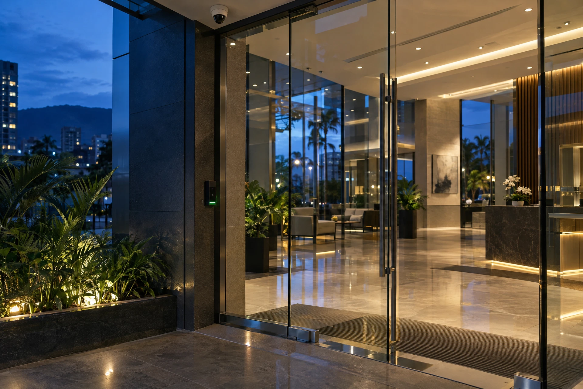 Illustrative modern commercial entrance with CCTV and access control