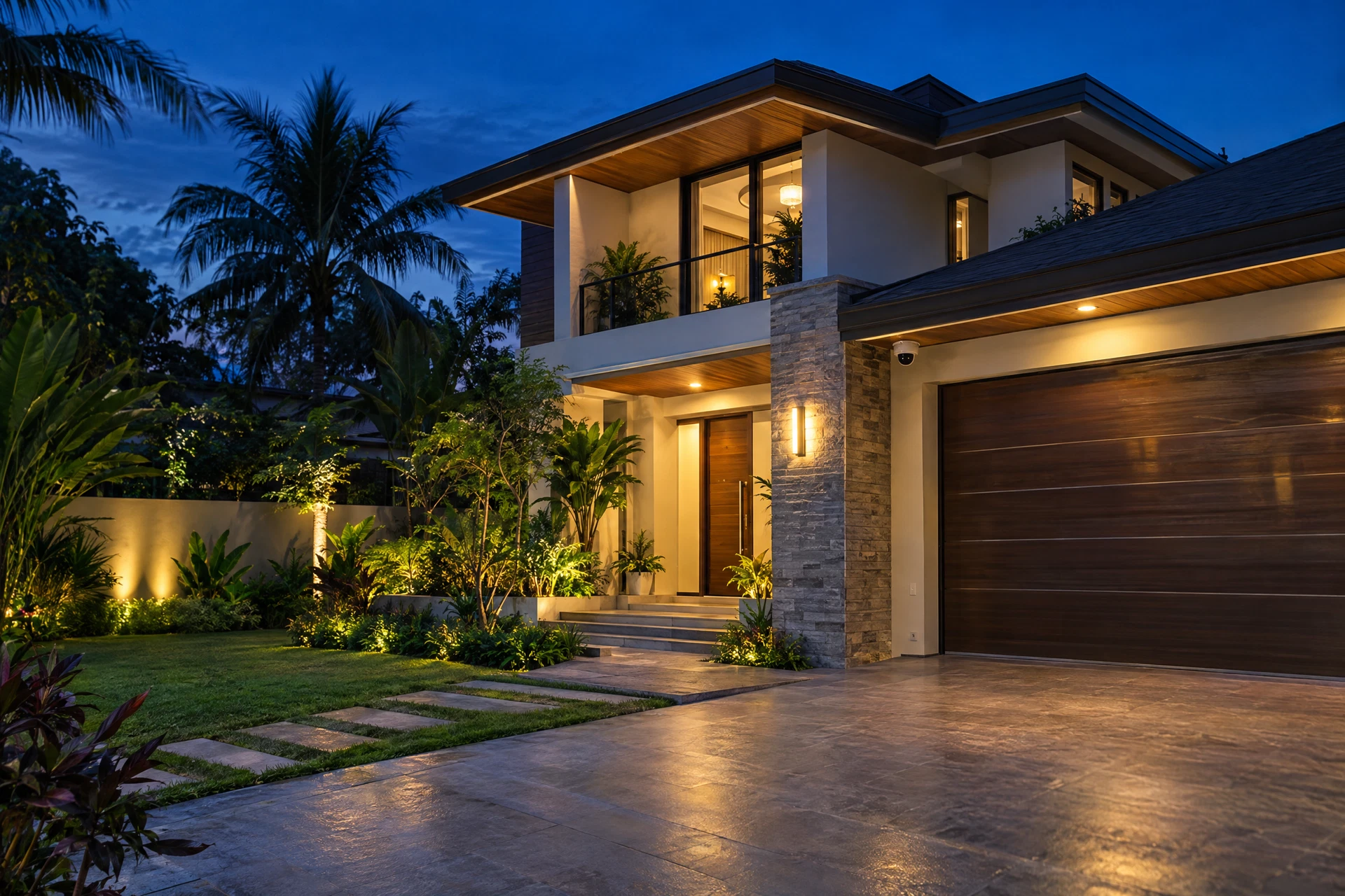 Illustrative modern residence protected by discreet CCTV and perimeter lighting