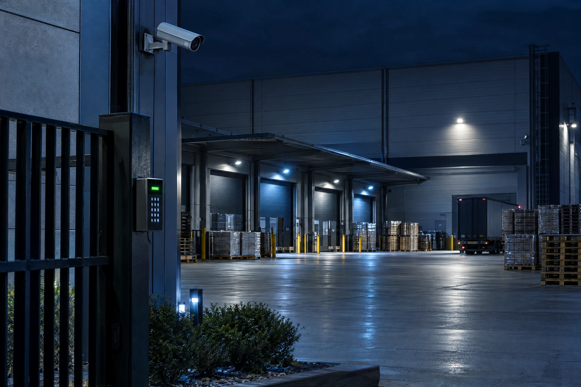 Illustrative warehouse loading area with camera coverage and gate access
